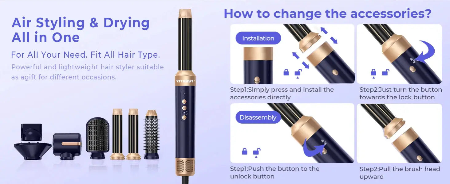 Simples Market 7-in-1 hair dryer brush set with diffuser and multiple attachments in navy blue and gold