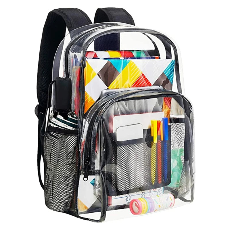 Simples Market clear backpack; transparent waterproof school bag with front organizer and side mesh bottle pocket.