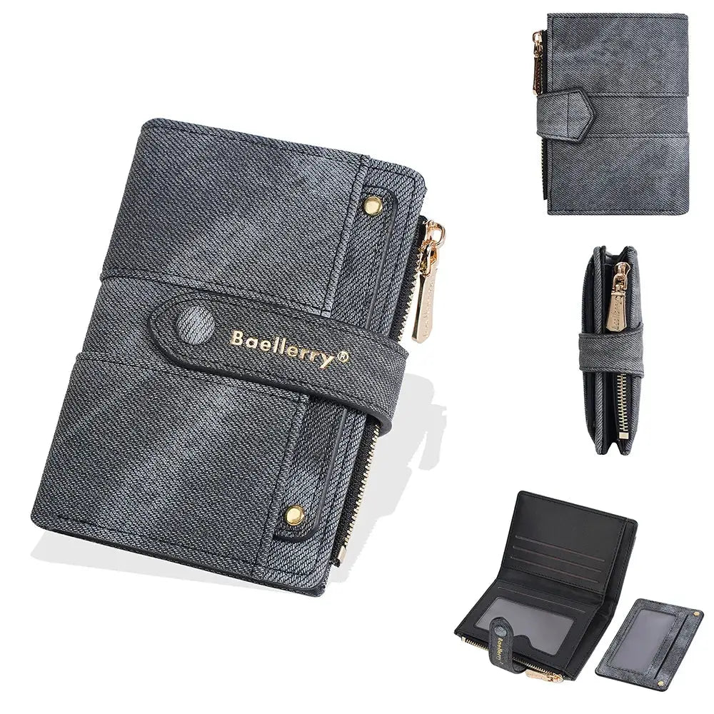Baellerry women's denim wallet with detachable card clip and zipper coin pocket, gold-tone hardware