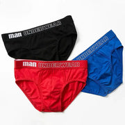 Simples Market men's cotton briefs set of three in black, red, and blue with waistband text man UNDERWEAR