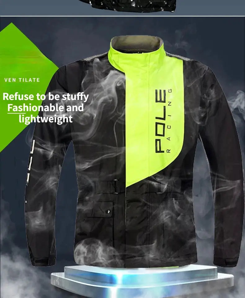 Pole Racing motorcycle raincoat set; black with neon yellow panel, breathable waterproof, reflective accents