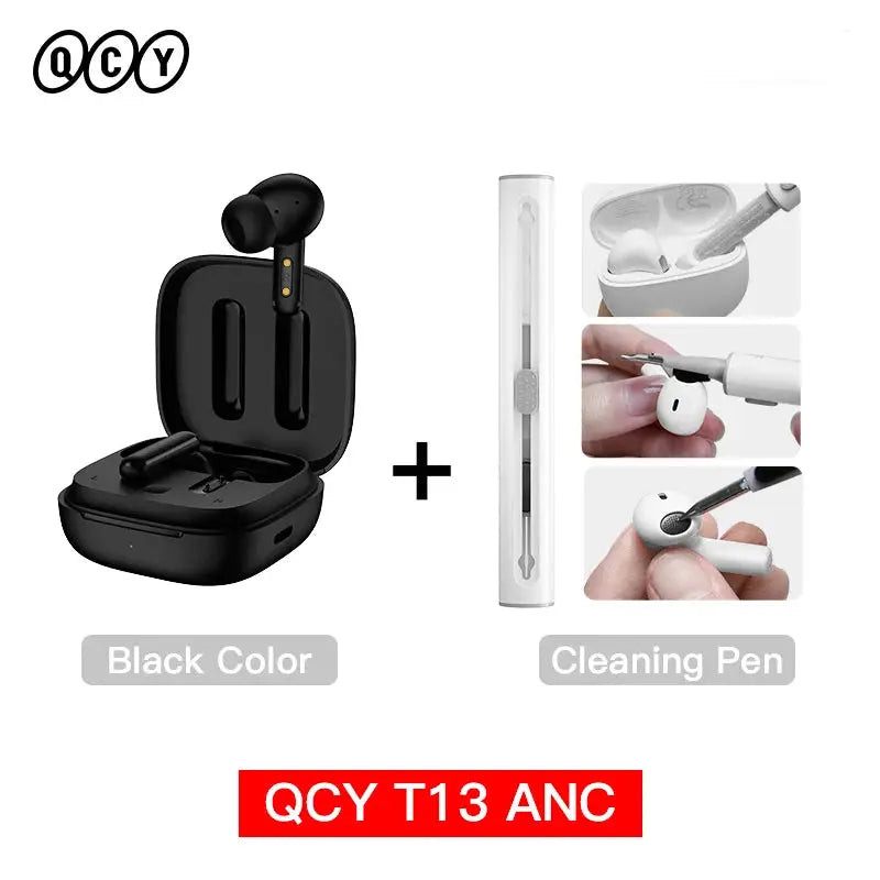 QCY T13 ANC wireless earphones with black charging case and cleaning pen