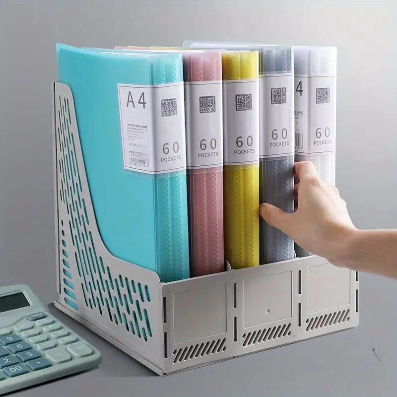 Six colorful A4 transparent insert folders in a white desk organizer with 60 pockets.