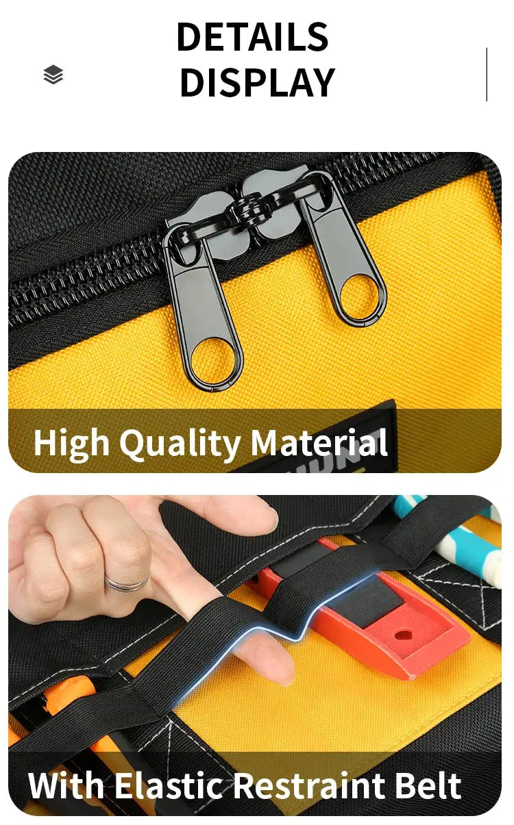 WINHUNT Heavy-Duty Tool Bag, yellow and black durable polyester with wide mouth, molded bottom, and adjustable strap