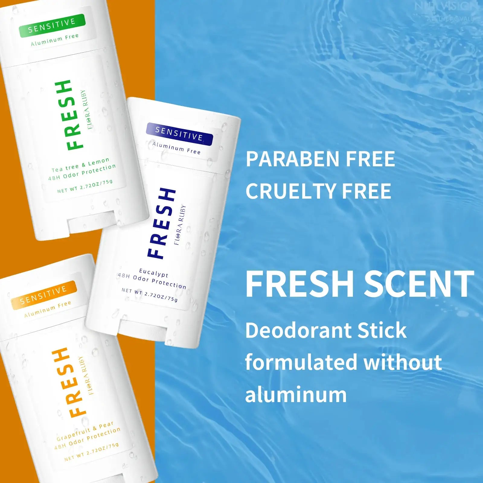 Deodorant sticks with fresh scent; aluminum-free formulas in orange and blue packaging by Simples Market