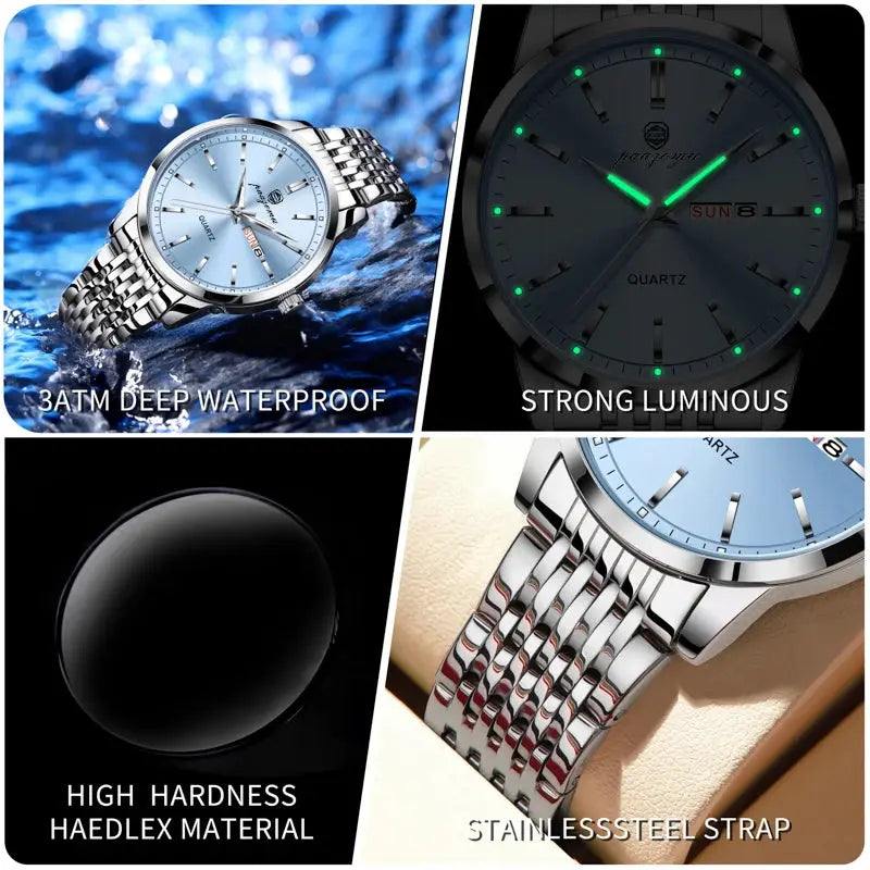 PAAZOMU men's stainless steel quartz watch with blue dial, luminous hands, date, 3ATM waterproof, stainless steel strap