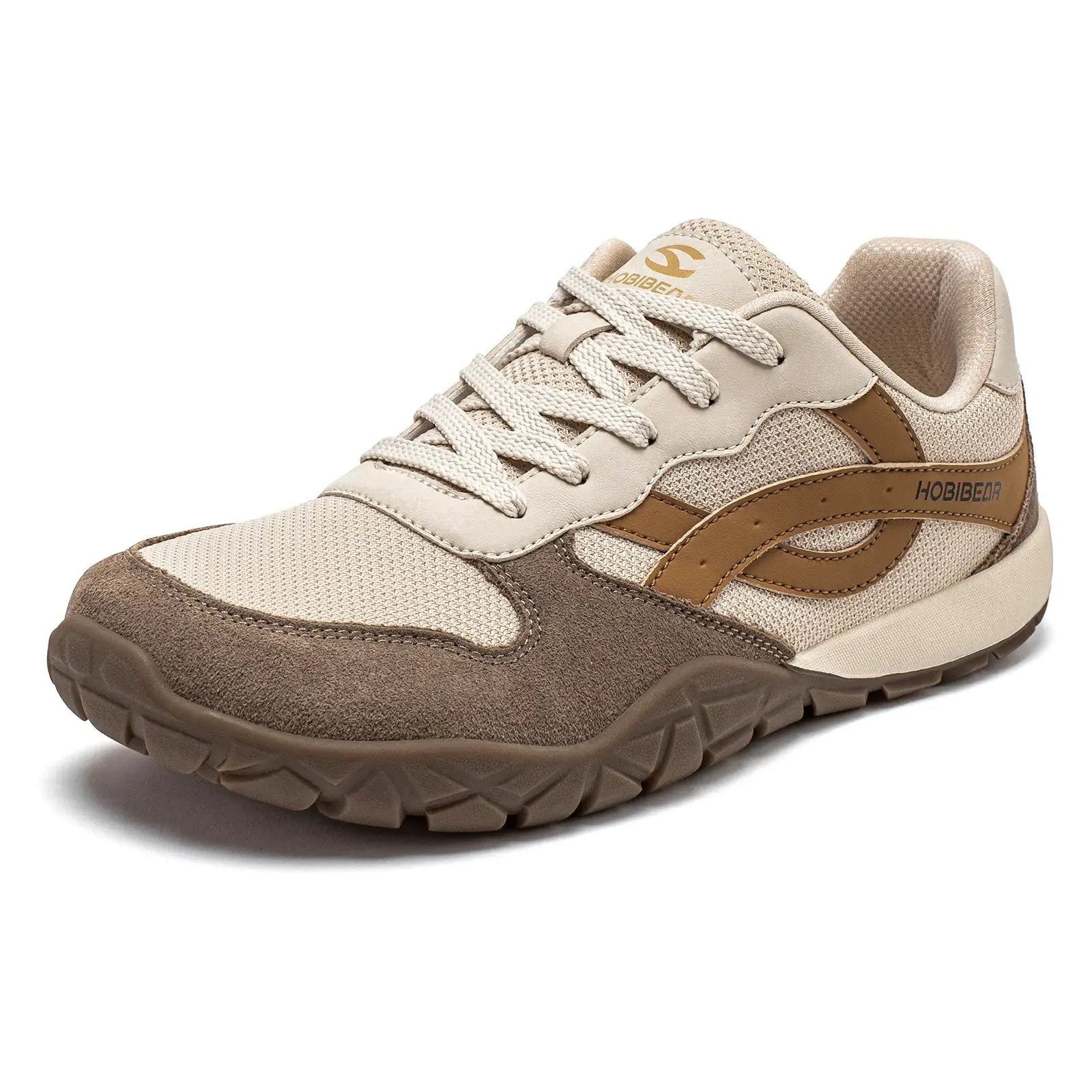HOBIBEAR unisex beige hiking sneaker with brown suede overlays and rugged sole.