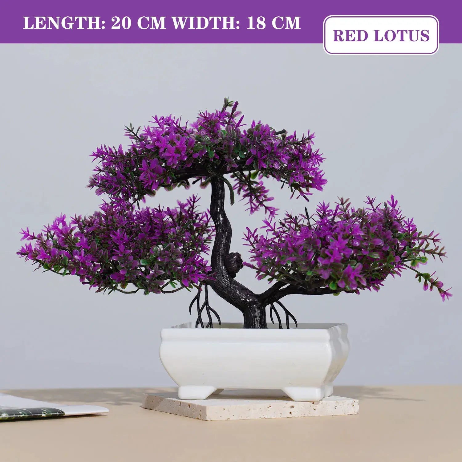 Artificial bonsai small tree in a white ceramic pot with purple blossoms for tabletop decor.