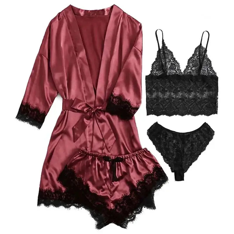 LuxeSilk 4 Piece Satin Sleepwear Set With Lace Robe For Women Breathable Silk Comfort And Elegant Nightwear