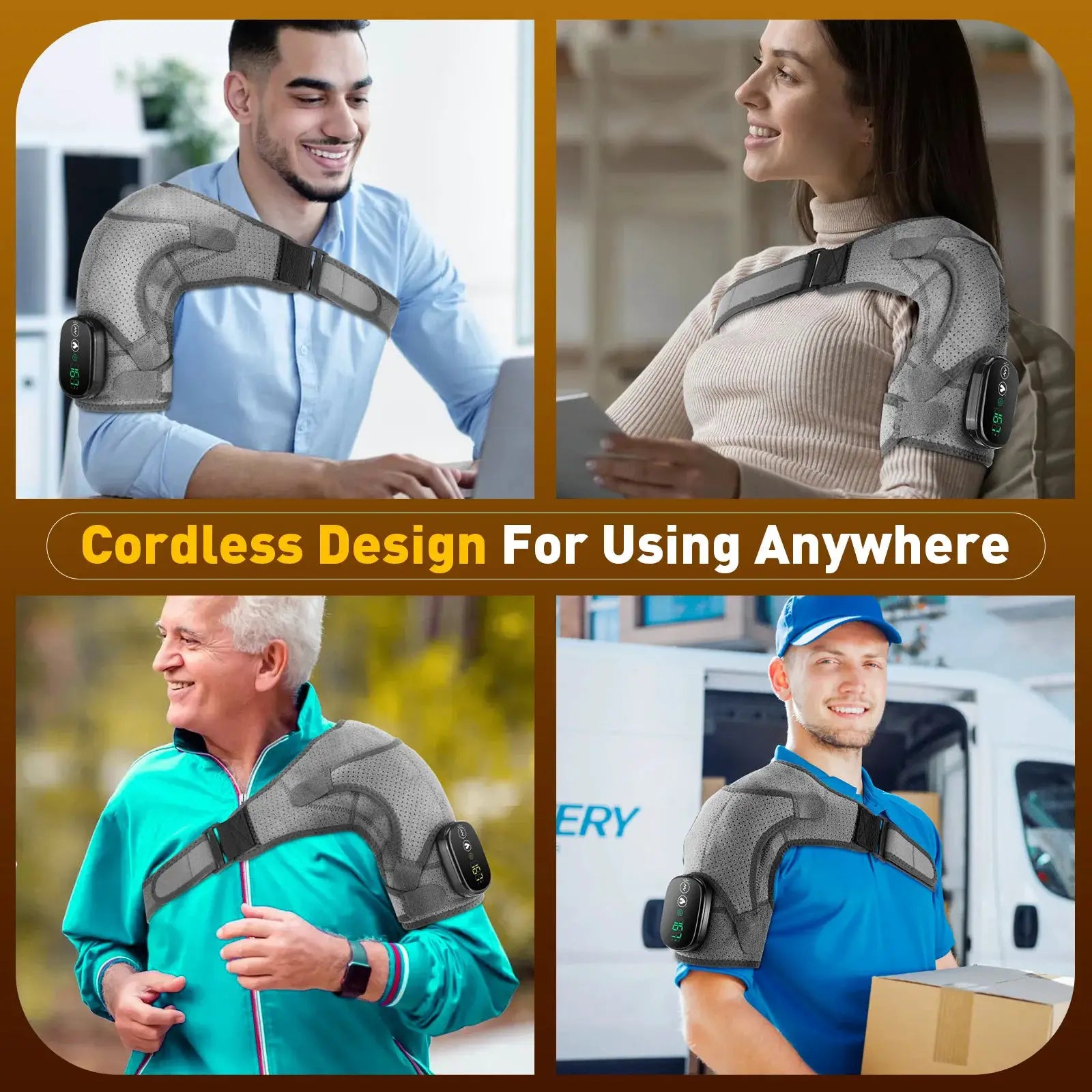 Electric heated grey shoulder wrap by Simples Market with adjustable strap and digital control unit worn by four people.