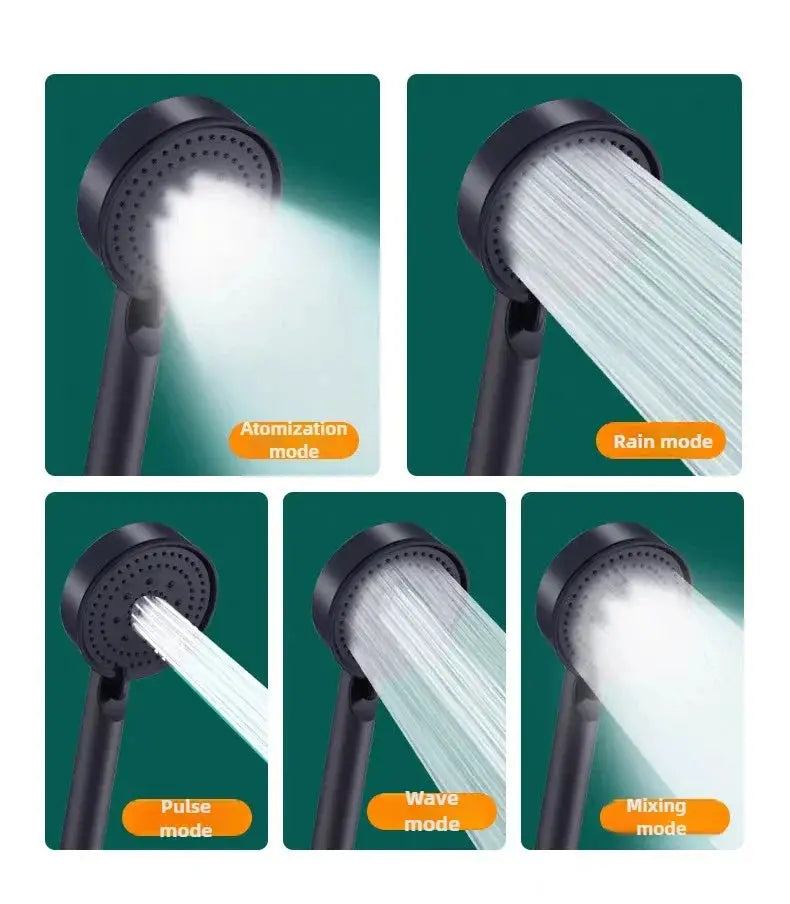 Simples Market black 5-mode adjustable shower head with atomization, rain, pulse, wave and mixing modes.