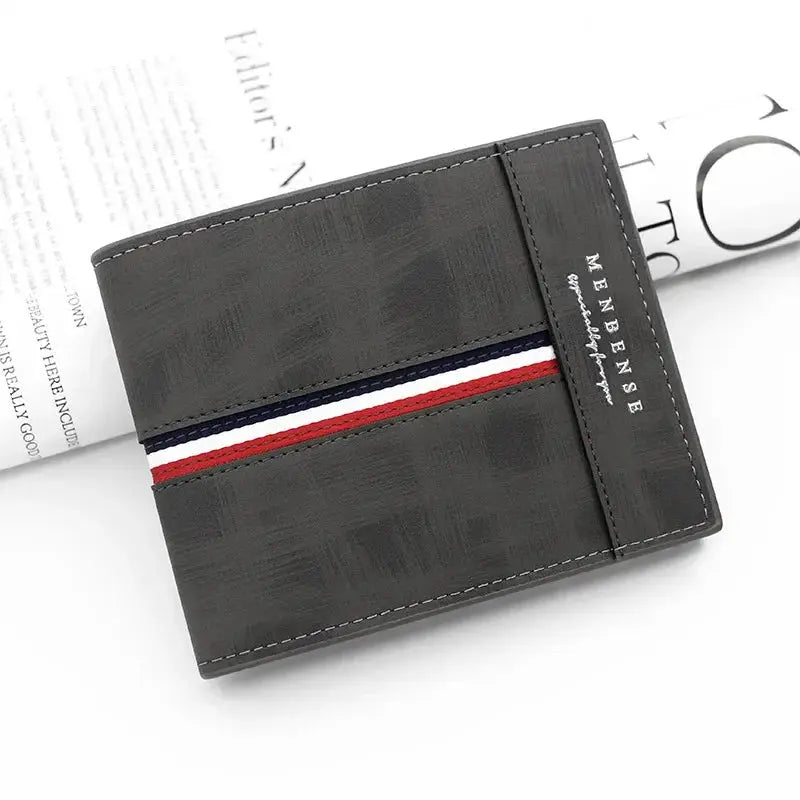  Luxury Slim Short Men's Wallet by Simples Market in dark PU leather with red-white-navy stripe