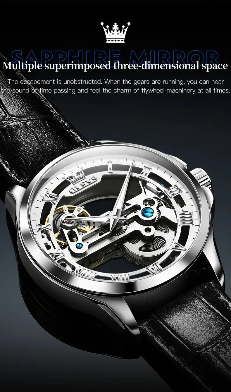 OLEVS skeleton automatic men's watch with black leather strap and stainless steel case