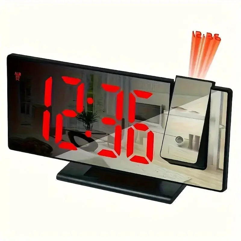 Projection alarm clock with large mirrored display, red LED digits, black housing and 180° projection