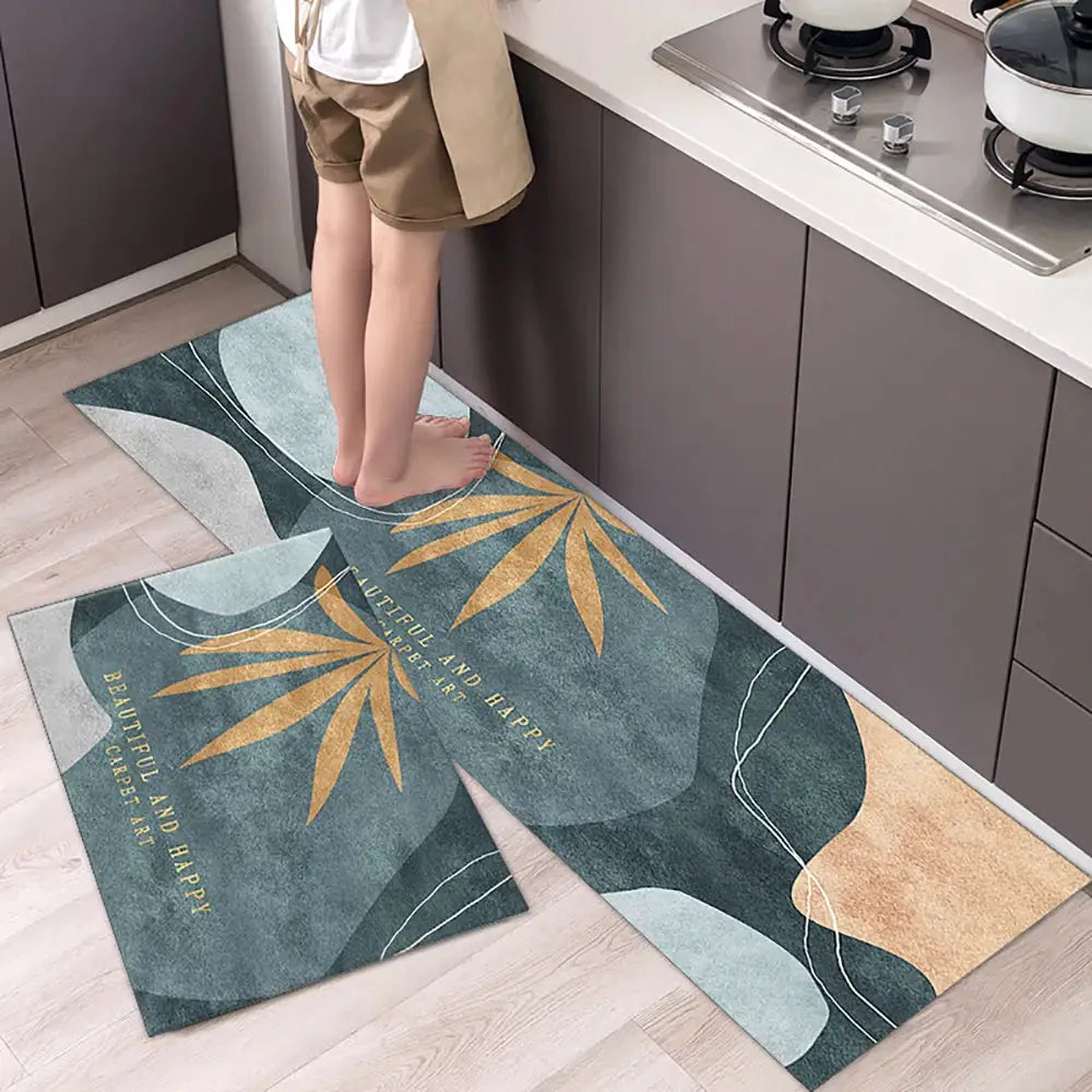 Non-slip kitchen runner mats, long crystal velvet absorbent rugs with teal, blue and gold leaf design (set of 2)