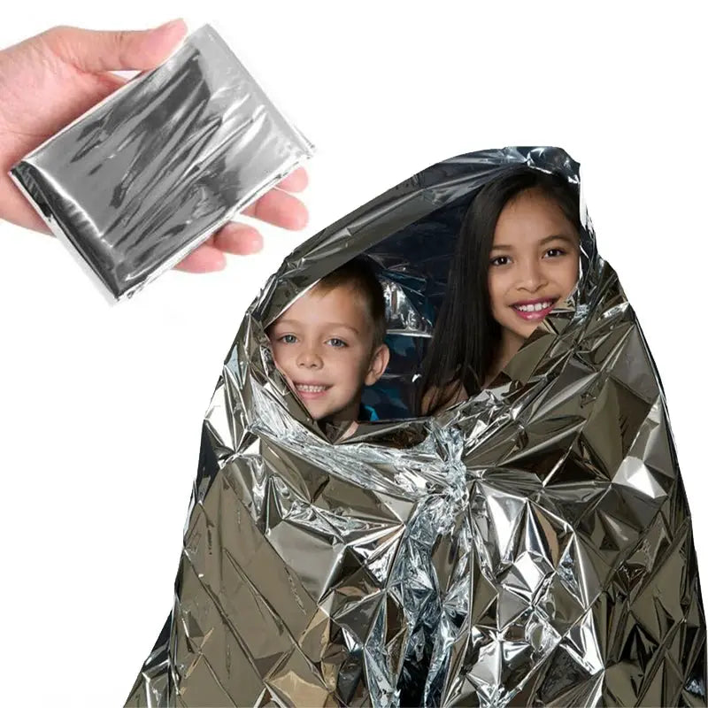 Simples Market Emergent Mylar thermal blanket, silver reflective outdoor rescue foil; two kids wrapped
