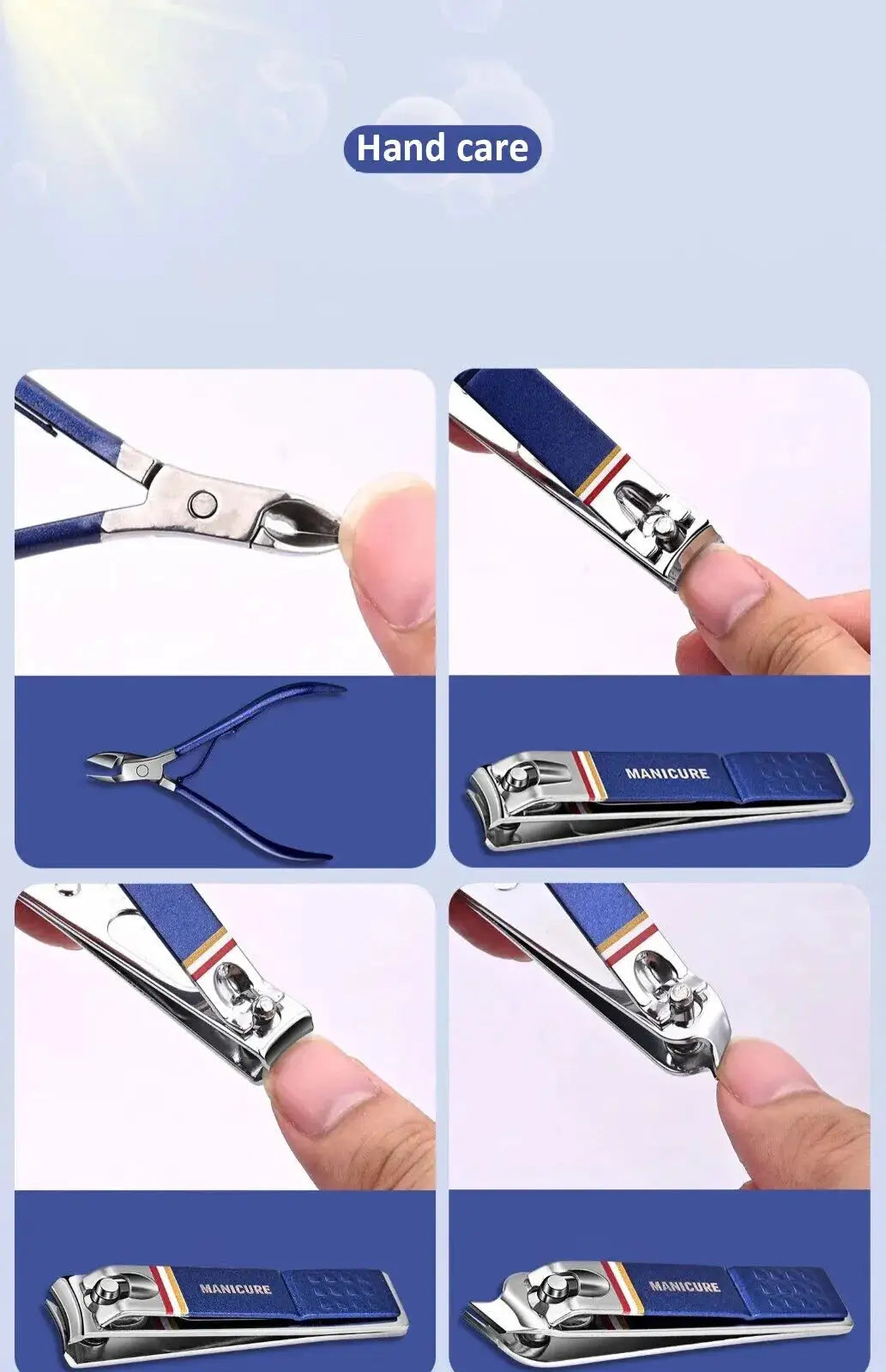 9-19pcs stainless steel nail clipper set with folding blue case and manicure tools