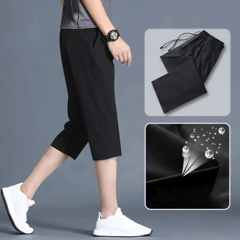 SONECHOKI men's black calf-length running pants with basketball print, quick-dry fabric