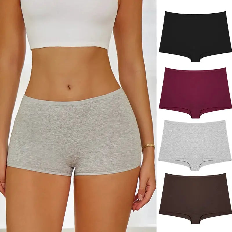 Simples Market women's cotton seamless sports boxers underwear in gray; available in black, burgundy, gray, brown.