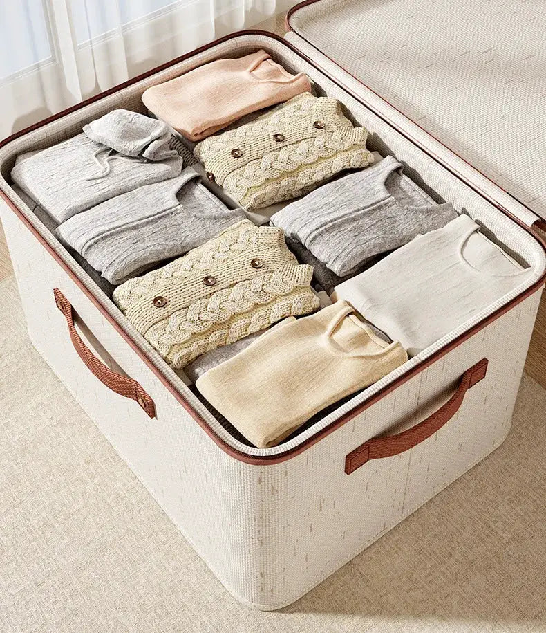 Large Heavy Duty Hard Shell Storage Box Organizer With Lid Cotton Linen Exterior For Clothes Toys And Blankets