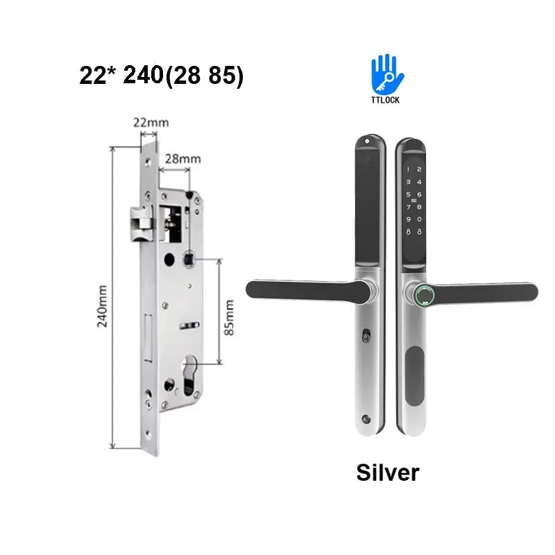 Slim sliding door smart lock in silver with keypad and fingerprint sensor, TTLock logo, Simples Market