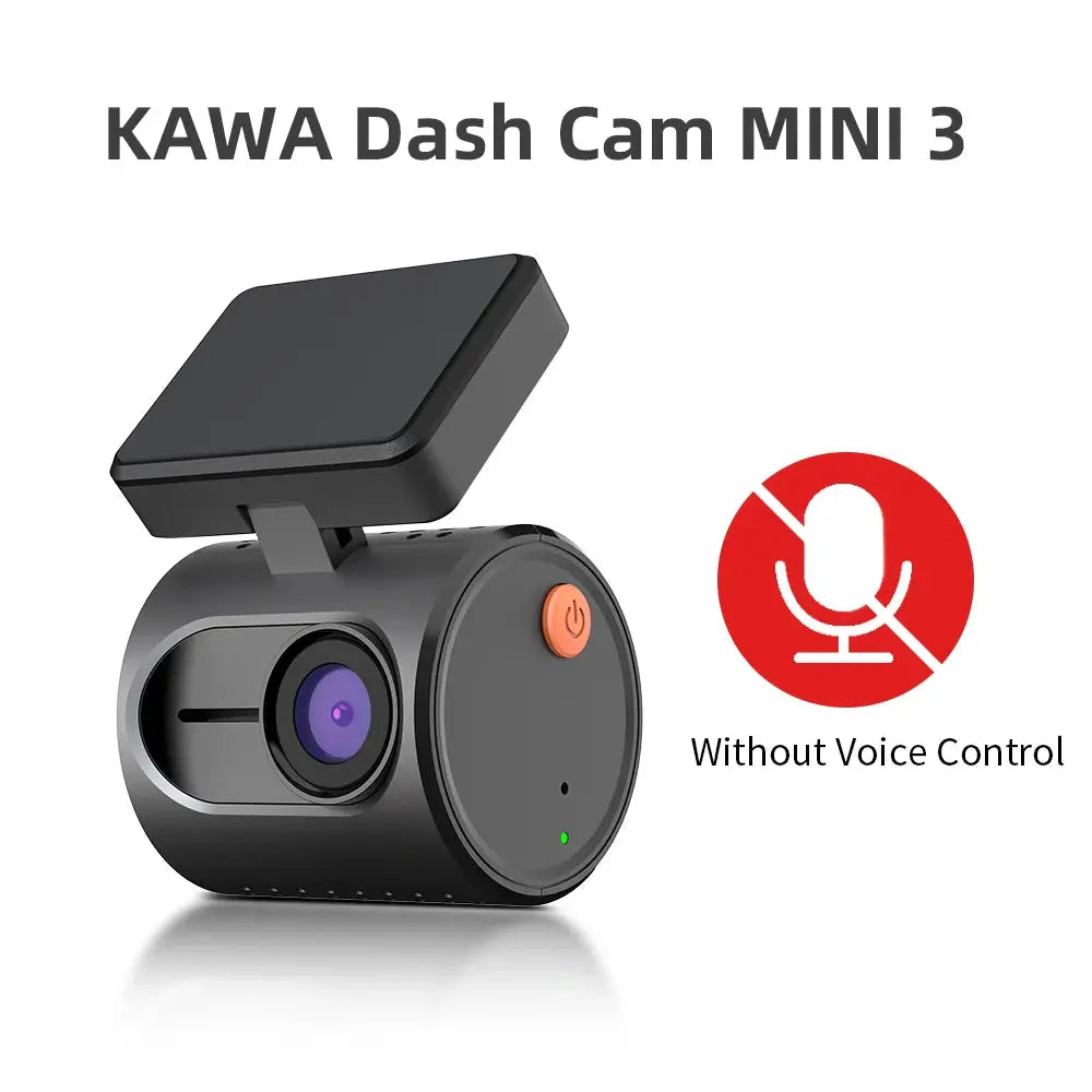 KAWA Dash Cam MINI 3 by Simples Market; black car dash camera with mount, orange button, green LED, no voice control