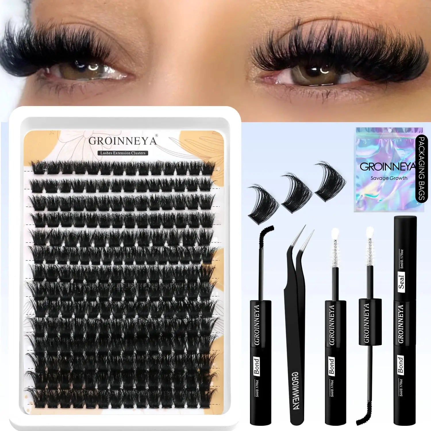 GROINNEYA Lash Clusters Kit Waterproof Strong Hold DIY Lash Extension Kit Bond And Seal Eyelash Tweezers Makeup