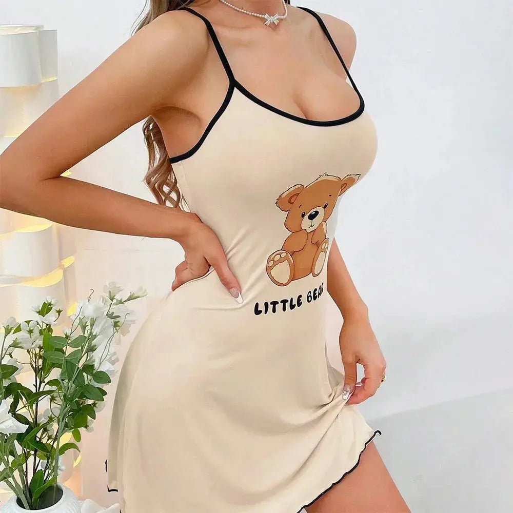Little Bear Summer Suspenders Mini Dress for Women Sleepwear Lightweight Comfort Cartoon Bear Print
