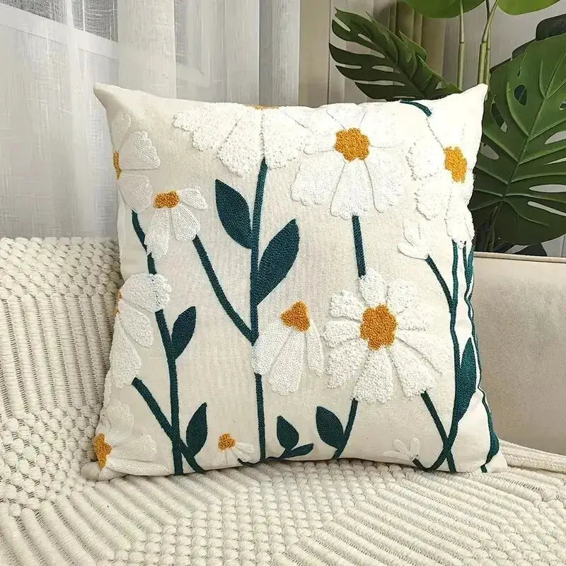 1pc Boho floral tufted decorative cotton pillow cover, white with teal stems and yellow-centered daisies