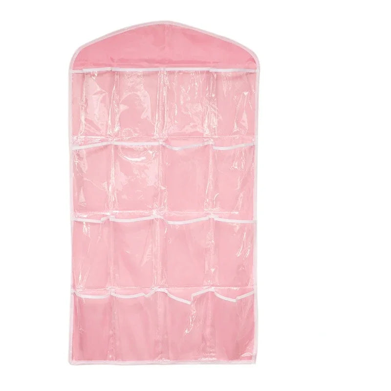 Wardrobe organizer pink 16-pocket hanging with clear pockets Simples Market