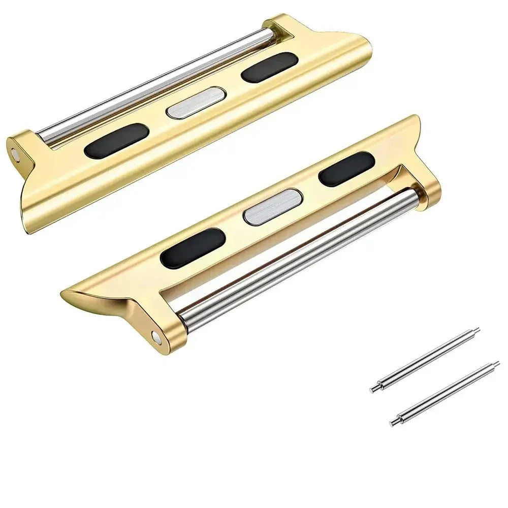 Two gold metal Apple Watch band adapters with slider rails; includes two stainless pins