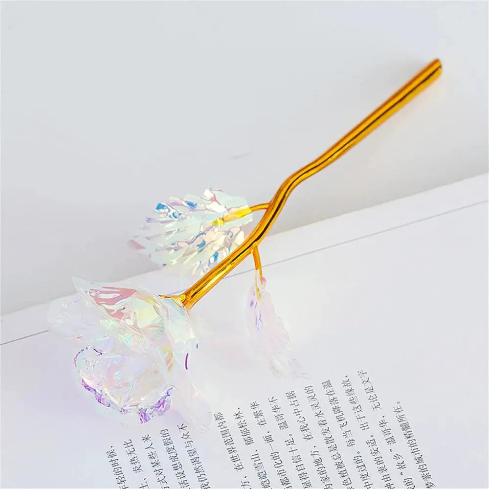 18cm golden foil rose on a curved gold stem with iridescent petals, two decorative flowers for weddings