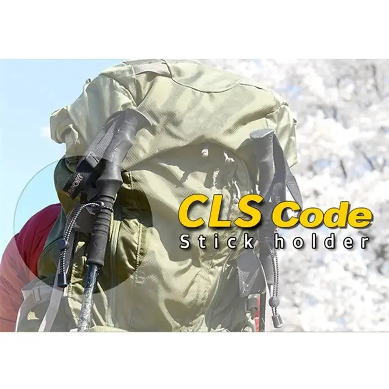 Backpack trekking pole holder with elastic rope for 2 hiking poles; olive-green pack with attached poles