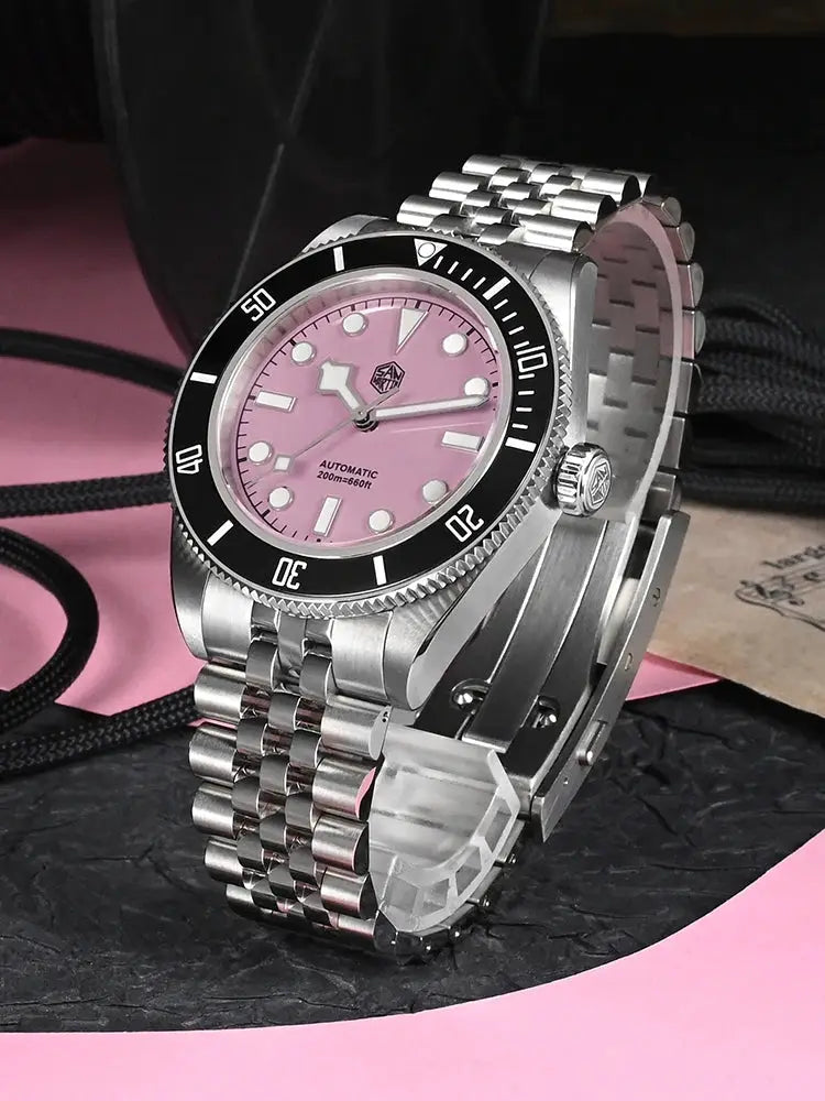 San Martin New 40mm BB Diver watch with pink dial, stainless steel bracelet, black bezel, NH35 automatic