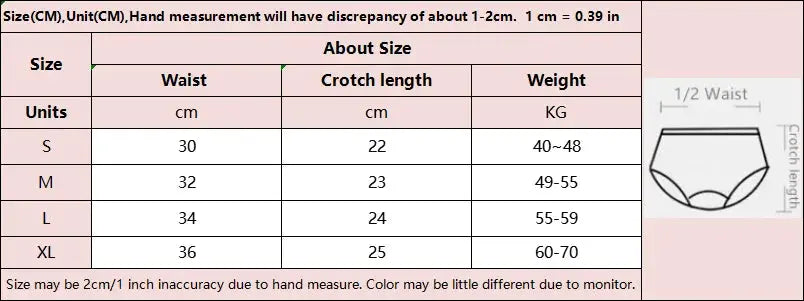 Women's satin low-waist panties by Simples Market; size chart shows S-XL with waist, crotch length, and weight ranges.