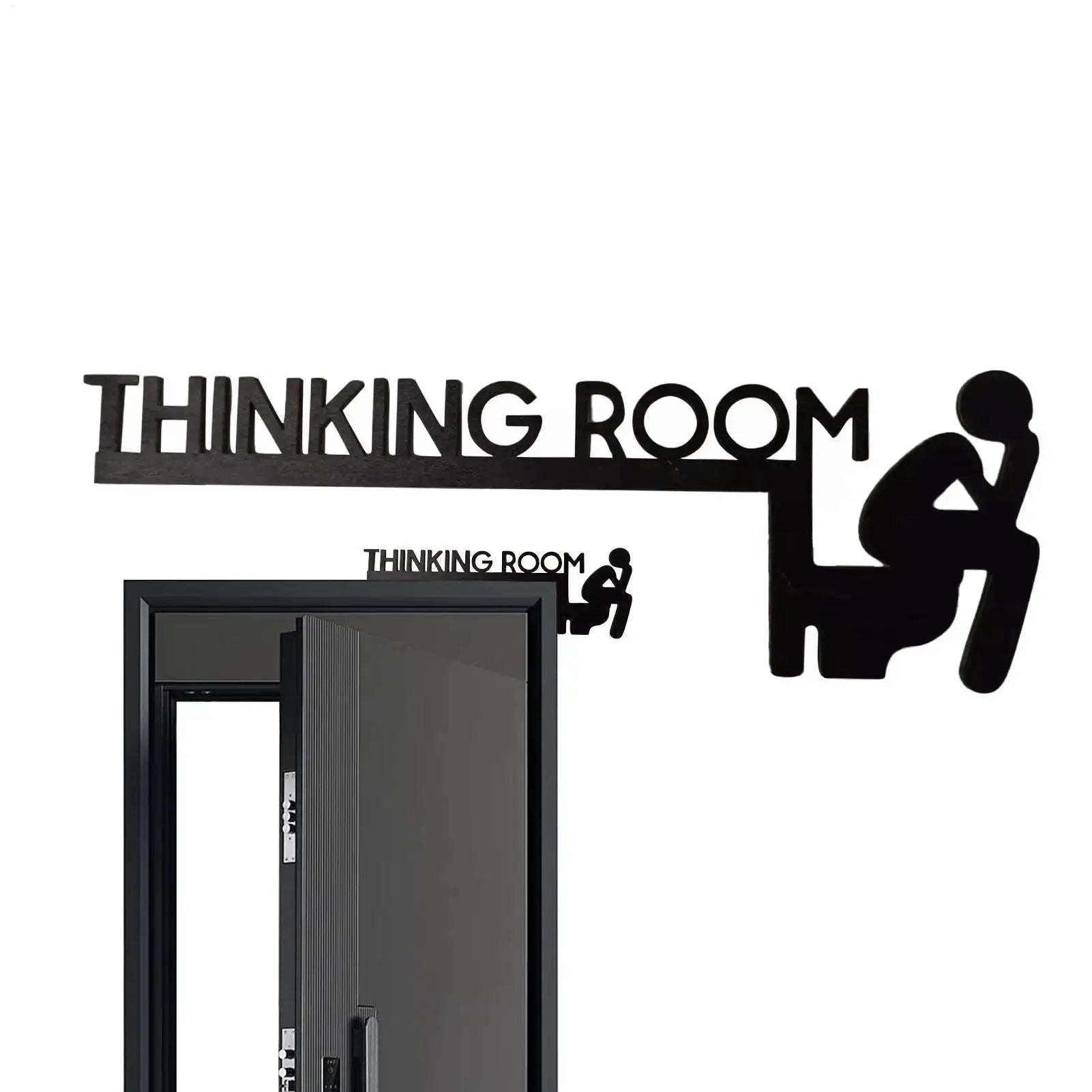 Thinking Room door topper sign, wooden bathroom decor with bold black letters and seated silhouette by Simples Market