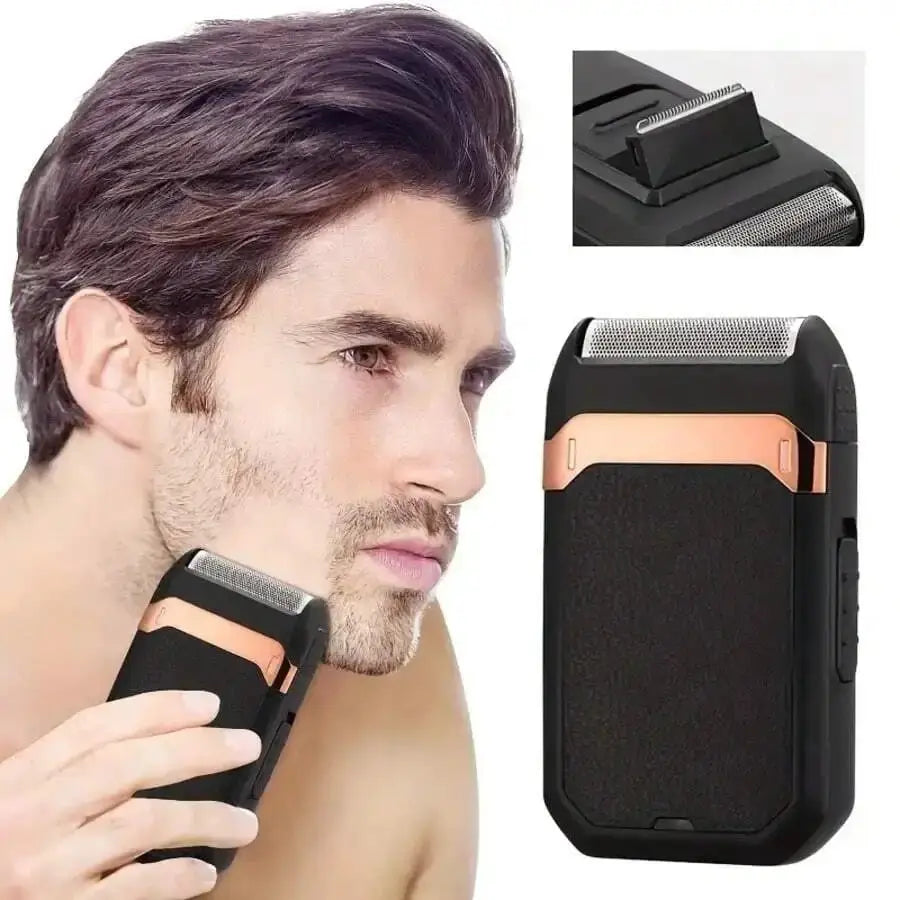 Cordless electric shaver for men with foil head and copper-tone accents; compact, travel-ready, rechargeable.
