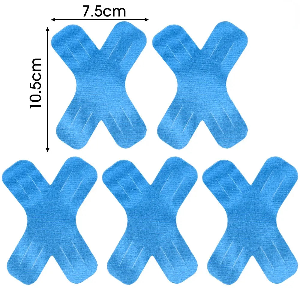 Kinesiology tape X-shaped patches, blue elastic athletic strips for knee shoulder elbow, 5 pieces, 7.5×10.5 cm