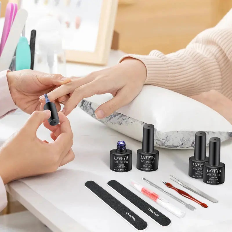 Gel nail polish kit by LNWYPH; includes 4 bottles, files and manicure tools for at-home use