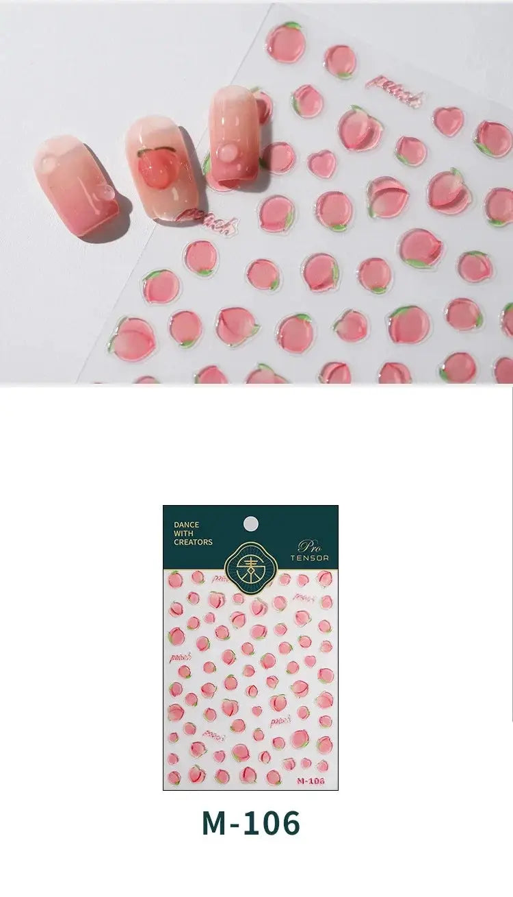 Simples Market pink translucent peach jelly-texture 5D embossed self-adhesive nail art stickers sheet with peach shapes.