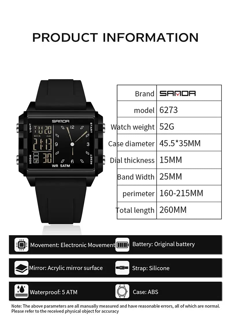 SANDA 6273 square dual-time wristwatch, black silicone strap, ABS case, digital-analog display, 5 ATM waterproof