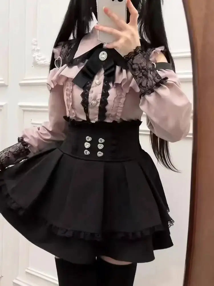 Y2K Lolita Bow Dress Shorts Set Gothic Lace Flare Sleeve Shirt Dress