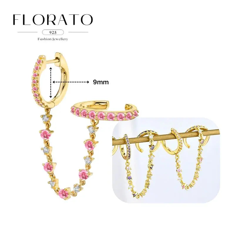 Hoop earrings Florato 925 sterling silver with pink zircon stones and dangling crystal chain