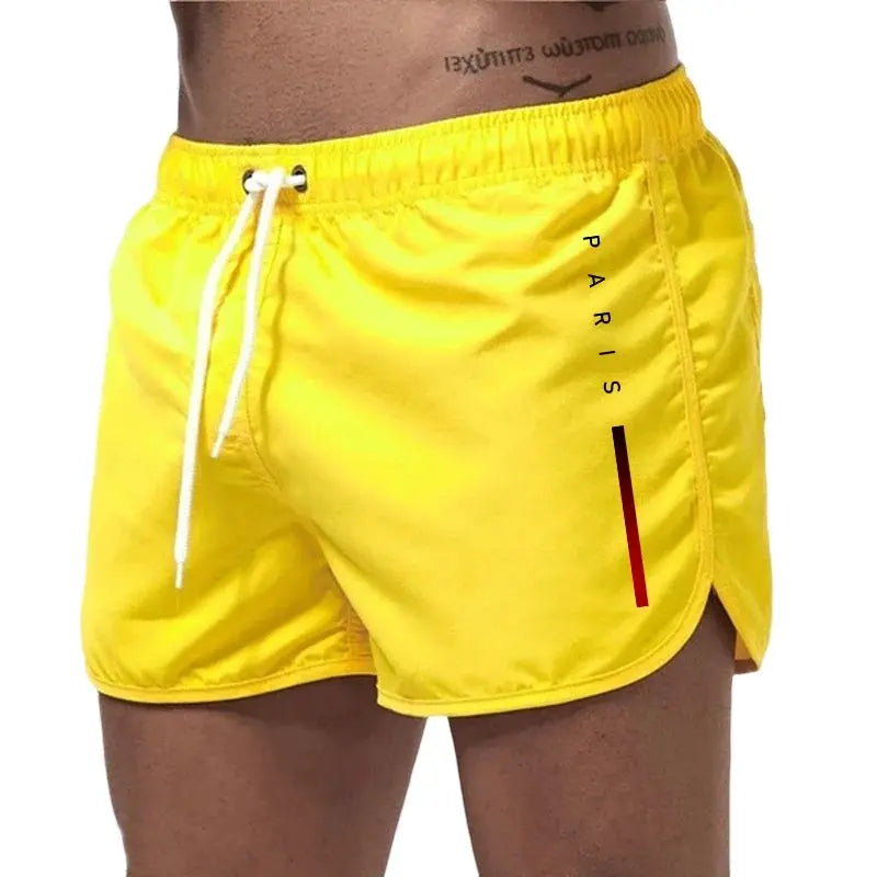 Men's yellow board shorts with white drawstring, side Paris stripe design for beach and gym