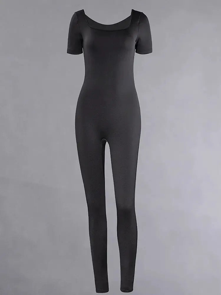Women's black short-sleeve solid bodycon jumpsuit