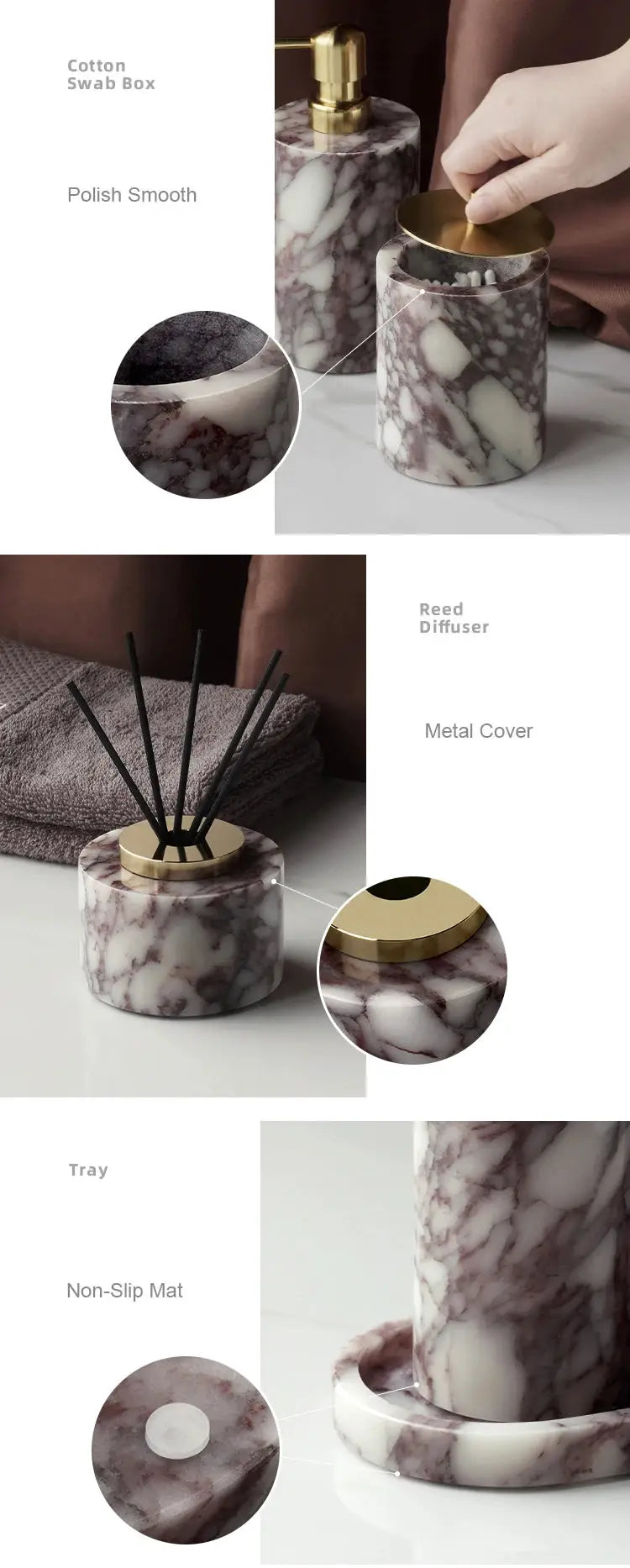 Simples Market Calacatta Viola violet marble bathroom 4-piece set: soap dispenser, cotton-swab jar, reed diffuser, and tray