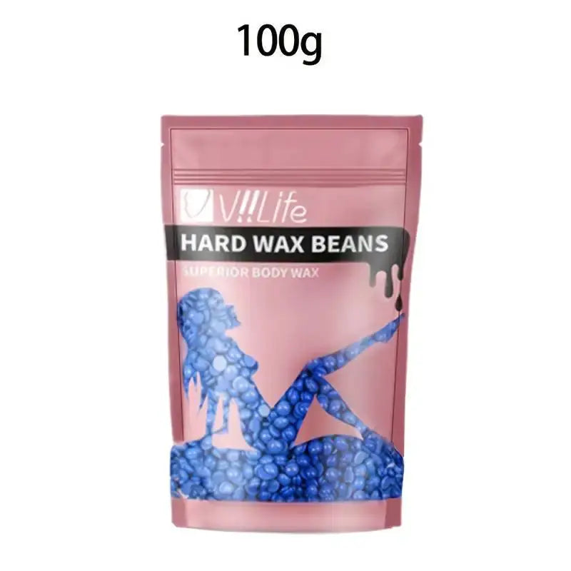 Hard wax beans 100g for body in pink pouch with blue bead silhouette artwork