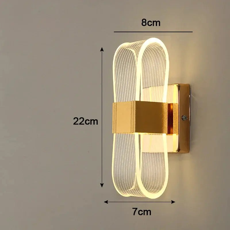 Nordic luxury LED wall lamp with aluminum body and gold backplate, double oval light strips.