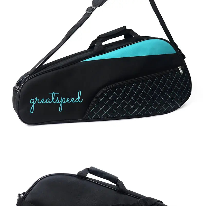 Greatspeed racket bag for tennis and badminton, black with turquoise accents and a diagonal grid pocket.