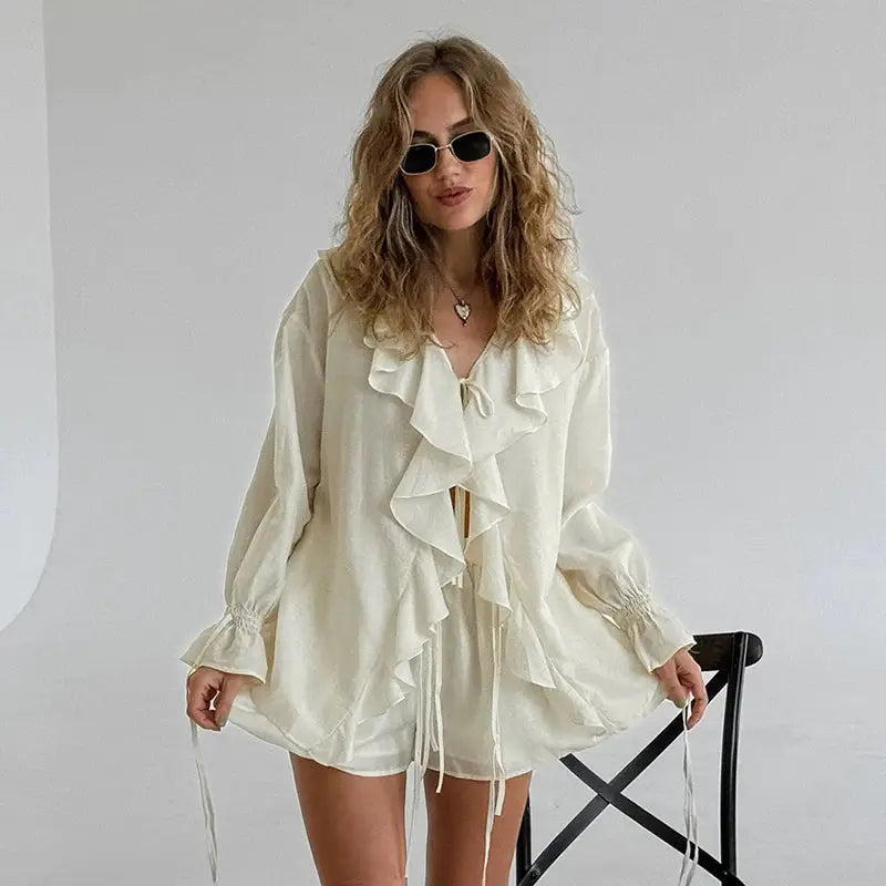 Tornova Womens Ruffled Shorts Sets V Neck Lace Up Shirt Spring Casual